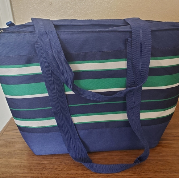 A blue, white, and green striped soft pack igloo. - Picture 2 of 4